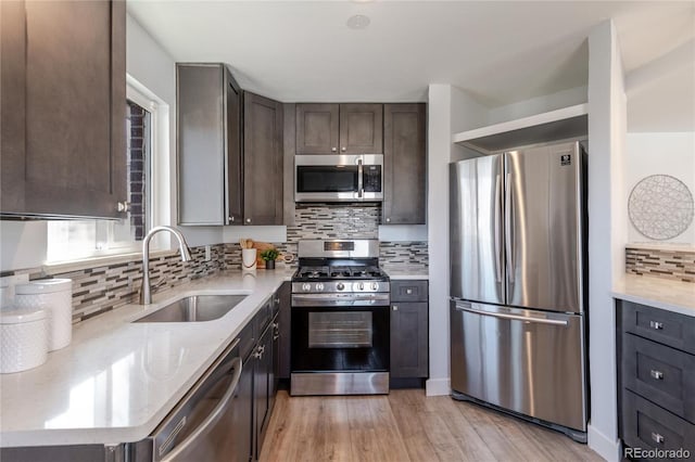 kitchen with tasteful backsplash, dark brown cabinets, light wood-style flooring, stainless steel appliances, and a sink