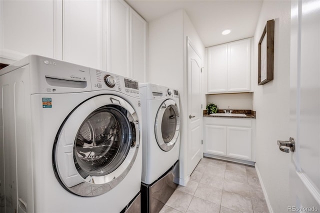 10387 Harrisburg St, Parker, CO 80134 - laundry area with washing machine and dryer, light tile patterned flooring, cabinet space, and recessed lighting
