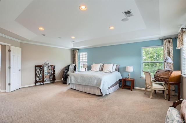 23503 E Minnow Dr, Aurora, CO 80016 - bedroom with light carpet, a raised ceiling, ornamental molding, and recessed lighting