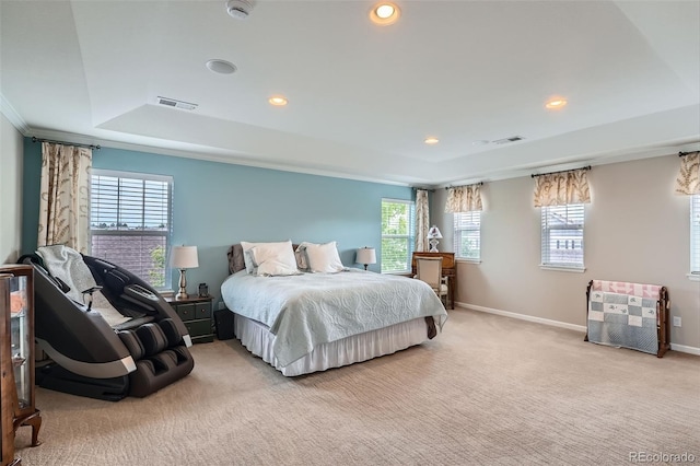 23503 E Minnow Dr, Aurora, CO 80016 - carpeted bedroom with multiple windows, recessed lighting, a tray ceiling, and ornamental molding