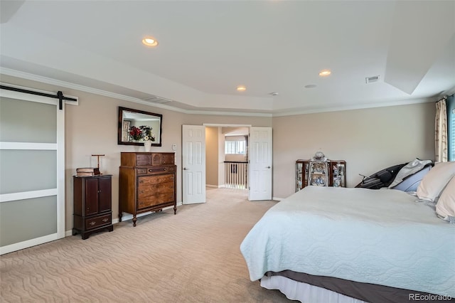 23503 E Minnow Dr, Aurora, CO 80016 - bedroom with ornamental molding, light colored carpet, a barn door, and recessed lighting