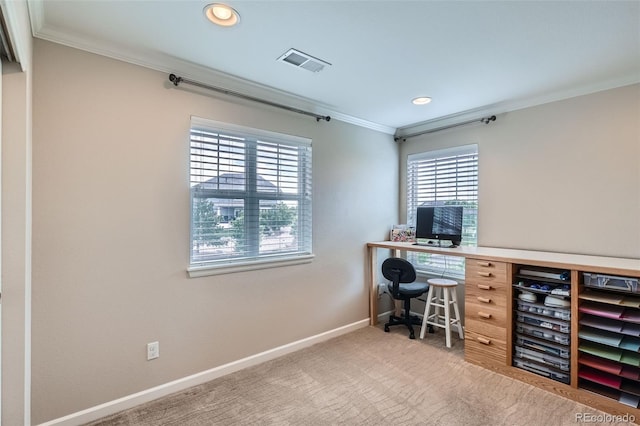 23503 E Minnow Dr, Aurora, CO 80016 - office area featuring ornamental molding, recessed lighting, and carpet