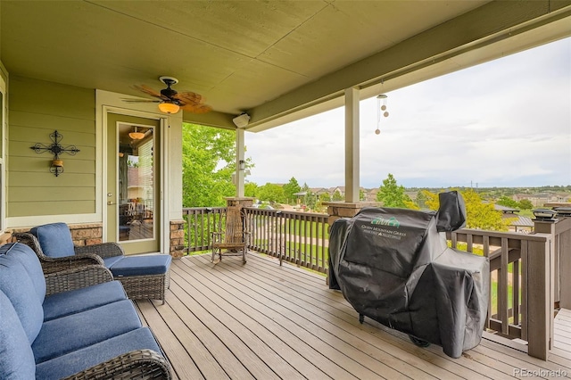 23503 E Minnow Dr, Aurora, CO 80016 - wooden terrace featuring area for grilling and a ceiling fan
