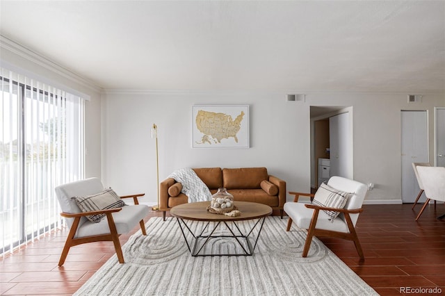 living room featuring dark wood-type flooring