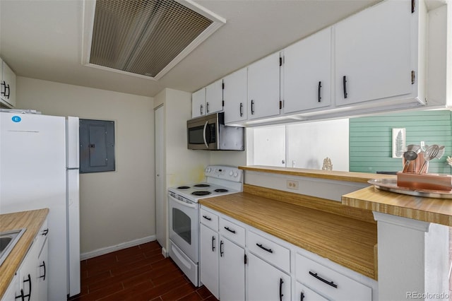 kitchen featuring dark hardwood / wood-style flooring, wooden counters, electric panel, white appliances, and white cabinets