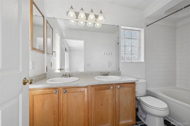1272 Braewood Ave, Highlands Ranch, CO 80129 - bathroom featuring toilet, double vanity, and tub / shower combination