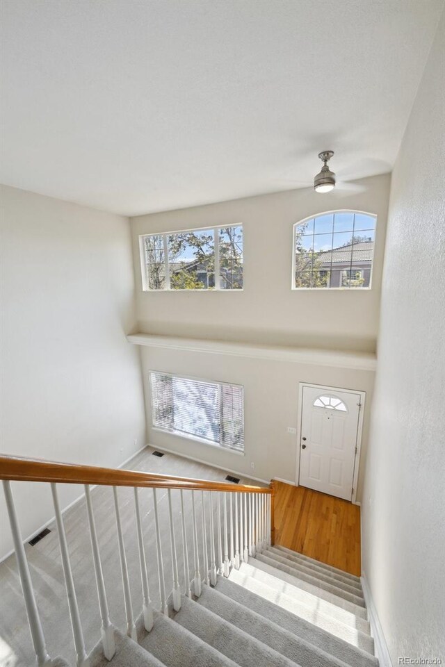 1272 Braewood Ave, Highlands Ranch, CO 80129 - entrance foyer featuring wood finished floors, stairway, a high ceiling, and baseboards