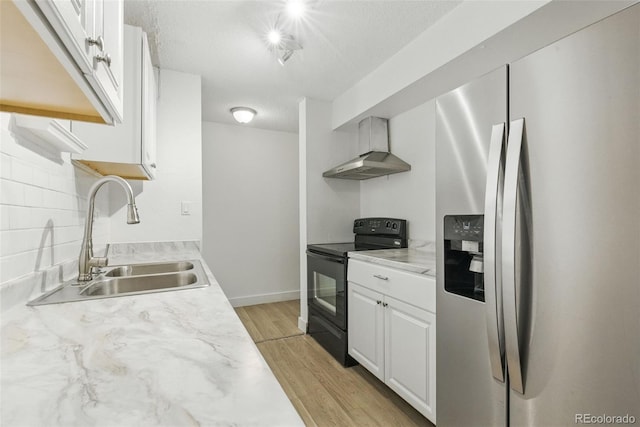 7755 E Quincy Ave Unit 107D2, Denver, CO 80237 - kitchen featuring stainless steel refrigerator with ice dispenser, black electric range oven, a sink, ventilation hood, and light wood-type flooring