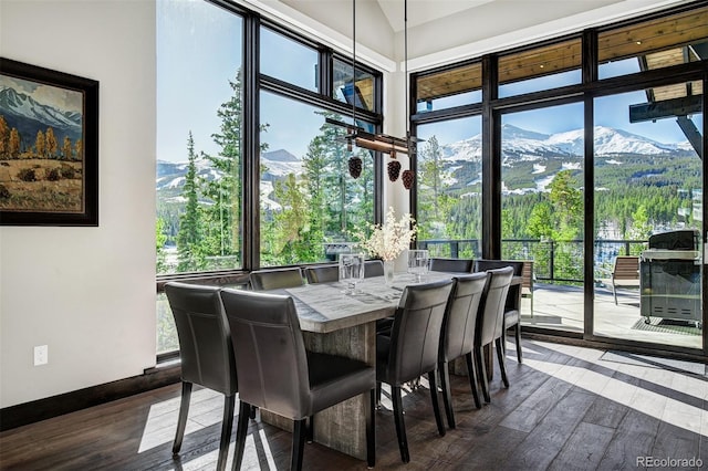 dining room featuring dark wood-type flooring and a mountain view