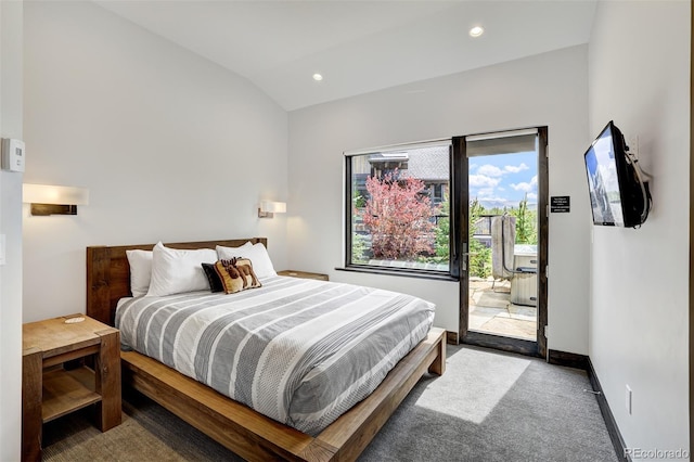 bedroom with access to outside, carpet, and vaulted ceiling