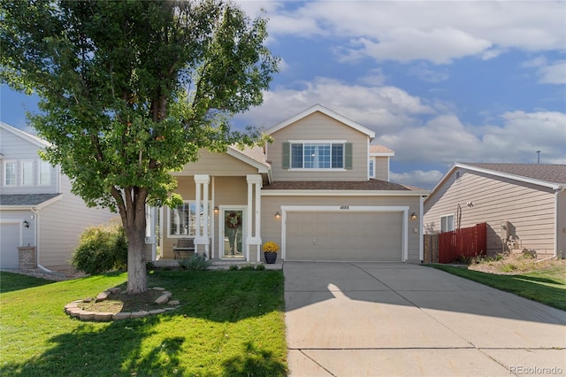 view of front of property with covered porch, a garage, and a front lawn