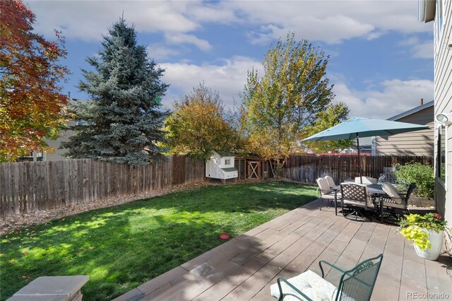 view of yard with a shed and a deck