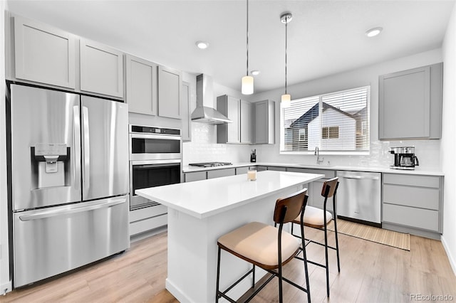 5387 Pierson Ct, Wheat Ridge, CO 80033 - kitchen featuring stainless steel appliances, wall chimney exhaust hood, gray cabinetry, and recessed lighting