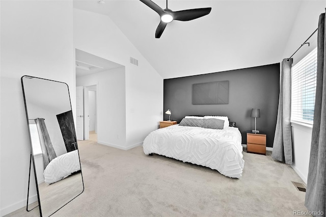 5387 Pierson Ct, Wheat Ridge, CO 80033 - bedroom with carpet, baseboards, high vaulted ceiling, and a ceiling fan