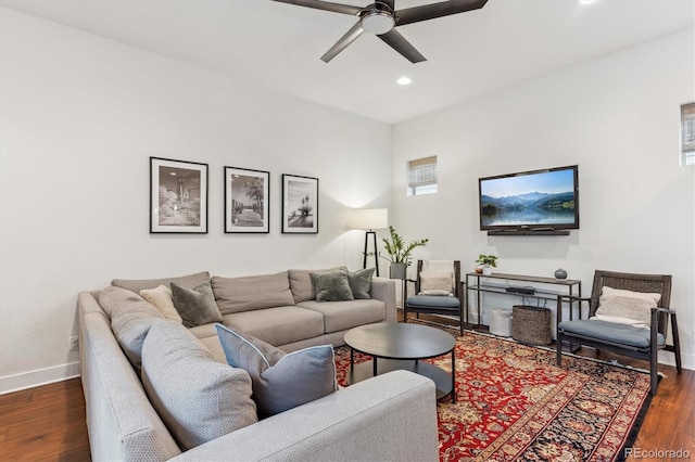 living area with ceiling fan, baseboards, recessed lighting, and dark wood-style floors