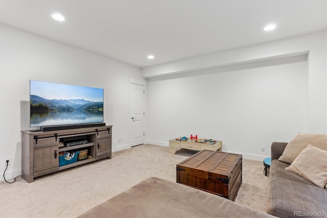 living room featuring carpet, recessed lighting, and baseboards