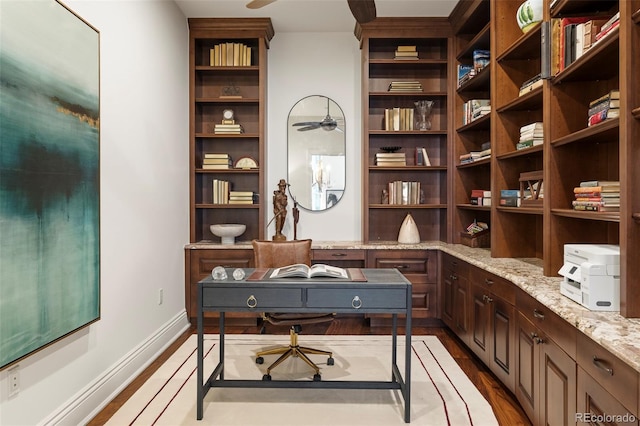 office area featuring ceiling fan and light hardwood / wood-style flooring