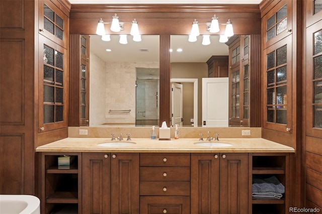 bathroom with vanity and walk in shower