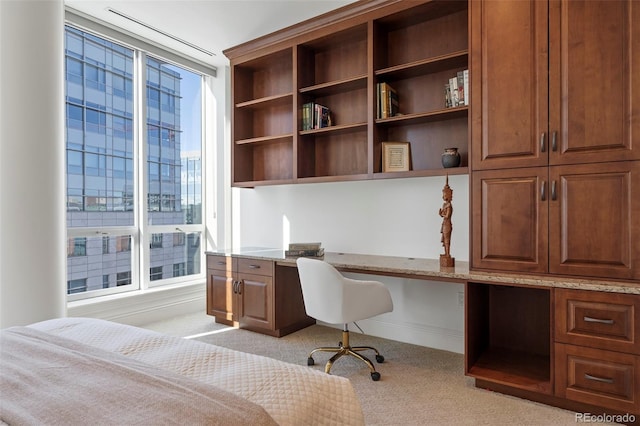 office with light carpet and built in desk