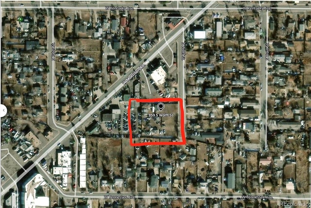 971 S Wolff St, Denver, CO 80219 - aerial view of property's location with property boundaries highlighted