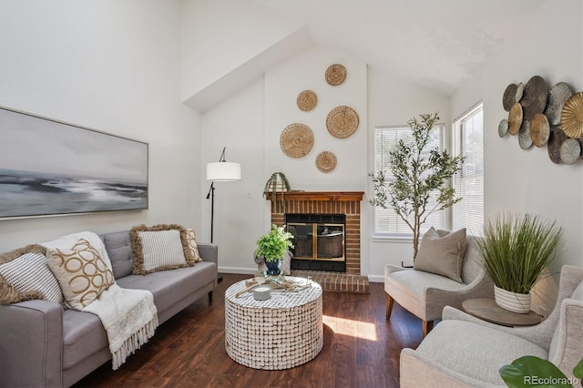 9194 Hickory Cir, Highlands Ranch, CO 80126 - living room with a brick fireplace, wood finished floors, and high vaulted ceiling