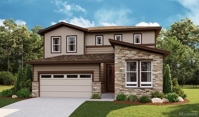 view of front of house featuring an attached garage, stone siding, driveway, and a front lawn