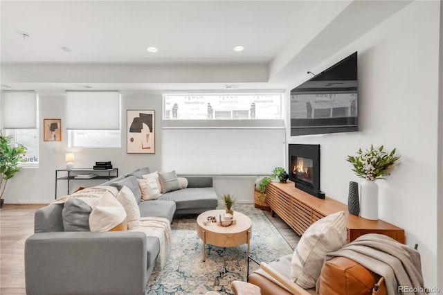 1238 Quitman St Unit 2, Denver, CO 80204 - living room featuring wood finished floors, a glass covered fireplace, and recessed lighting