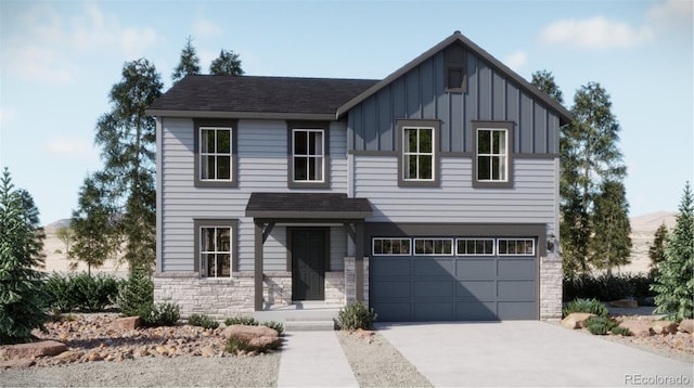 view of front of property featuring a garage, stone siding, concrete driveway, roof with shingles, and board and batten siding