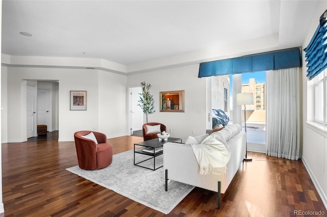 living room with a raised ceiling and dark wood-type flooring