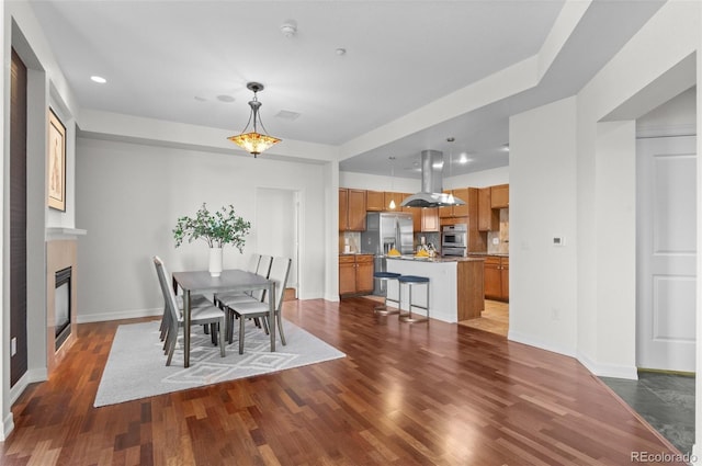 dining space featuring dark wood-type flooring