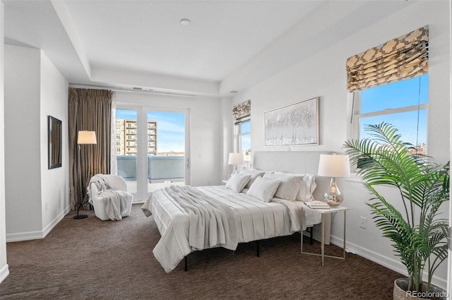 bedroom with dark colored carpet and a raised ceiling