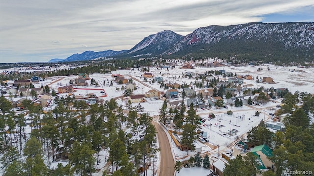 snowy aerial view featuring a mountain view