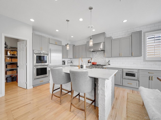 kitchen featuring gray cabinetry, backsplash, ventilation hood, appliances with stainless steel finishes, and light countertops