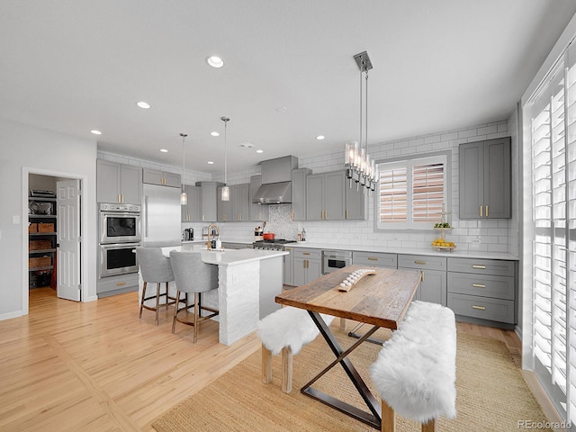 kitchen featuring decorative backsplash, appliances with stainless steel finishes, a breakfast bar area, and gray cabinets