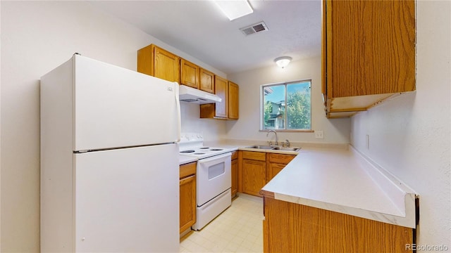 kitchen featuring white appliances and sink