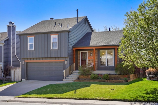 11446 W 105th Dr, Broomfield, CO 80021 - split level home with board and batten siding, an attached garage, driveway, and a front yard