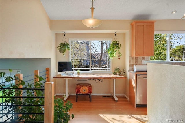 11446 W 105th Dr, Broomfield, CO 80021 - kitchen featuring light brown cabinets, dishwasher, baseboards, light wood-type flooring, and backsplash