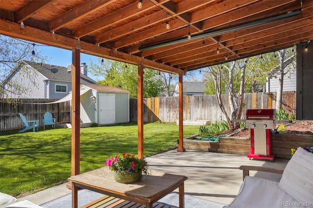 11446 W 105th Dr, Broomfield, CO 80021 - view of patio / terrace with an outbuilding, a shed, a fenced backyard, and a garden