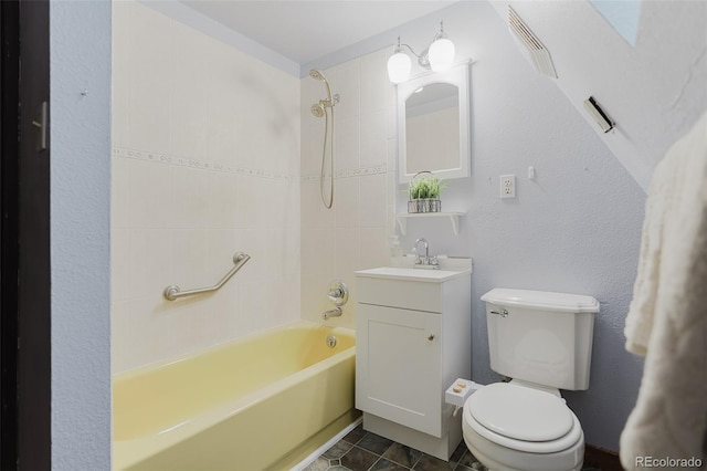 8691 S Warhawk Rd, Conifer, CO 80433 - bathroom with tub / shower combination, vanity, toilet, and tile patterned floors