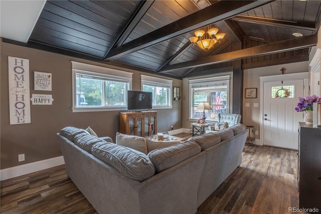 living area featuring vaulted ceiling with beams, dark wood finished floors, wood ceiling, and baseboards