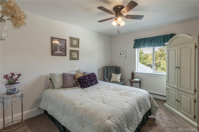 bedroom featuring ceiling fan, baseboards, baseboard heating, and dark colored carpet