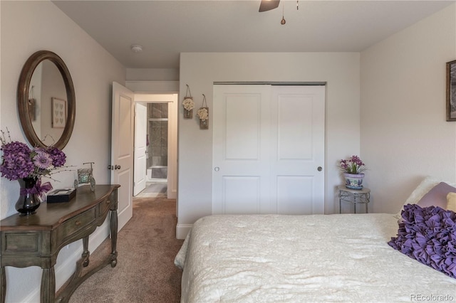 bedroom featuring ceiling fan, a closet, carpet, and baseboards