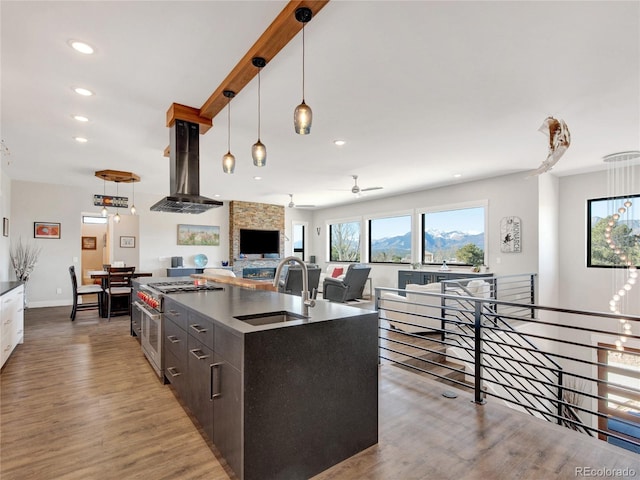 kitchen featuring range hood, high end range, wood finished floors, recessed lighting, and a sink