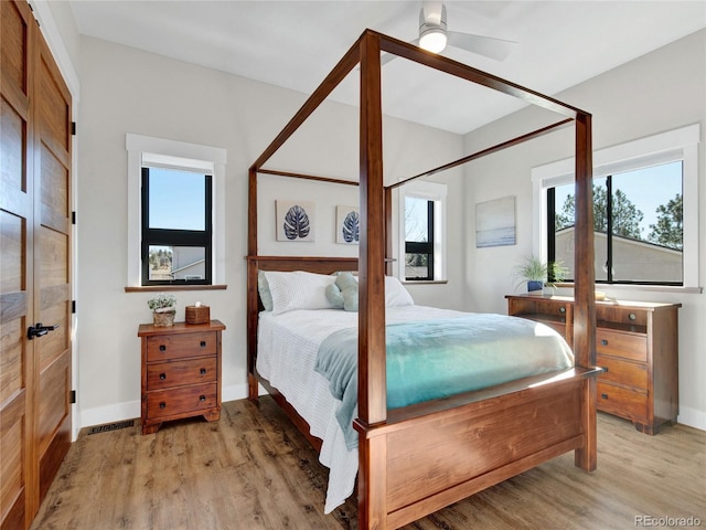 bedroom featuring multiple windows, baseboards, and light wood-type flooring