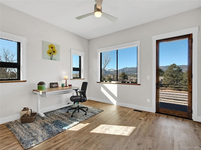 office with baseboards, a healthy amount of sunlight, and wood finished floors