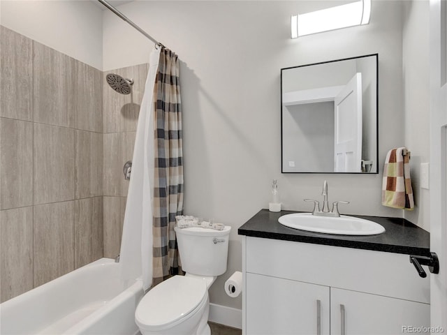 bathroom featuring toilet, vanity, and shower / bathtub combination with curtain