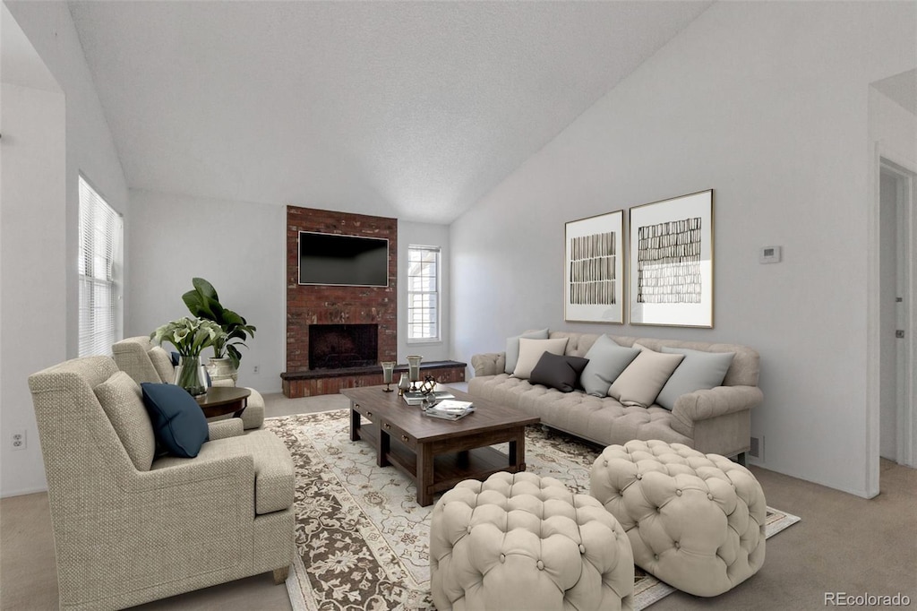 living room with light colored carpet, high vaulted ceiling, and a brick fireplace