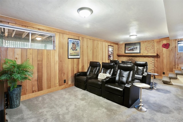 carpeted home theater with wooden walls and baseboards
