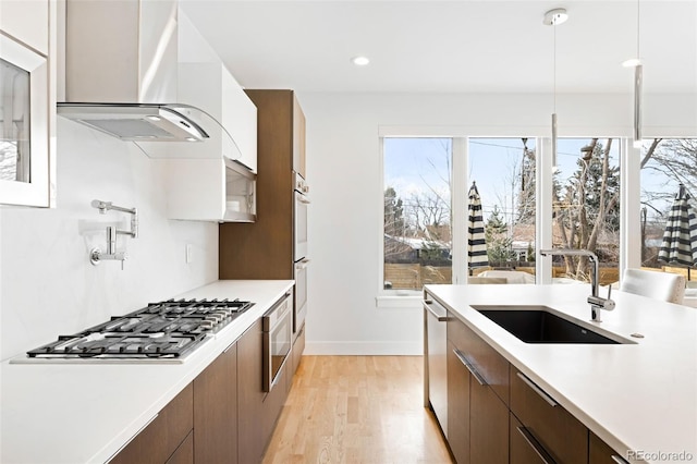 kitchen with sink, decorative light fixtures, stainless steel appliances, range hood, and light hardwood / wood-style floors