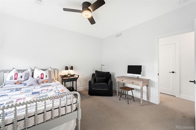 carpeted bedroom featuring ceiling fan